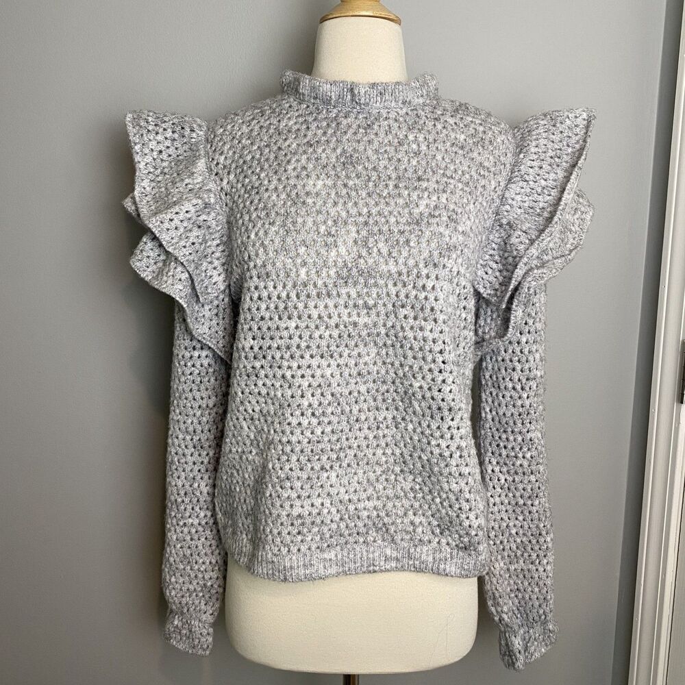 Broadway Gray Ruffle Sleeve Mock Neck Sweater, Size M